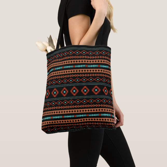 Aztec Rusts Teal Black Mixed Motifs Pattern Tote Bag (Close Up)