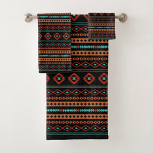 Aztec Rusts Teal Black Mixed Motifs Rpt Pattern Bath Towel Set