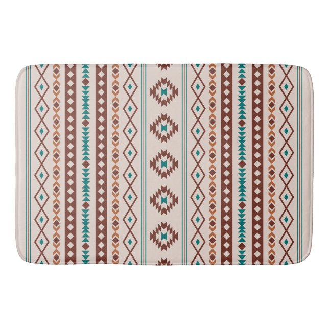 Aztec Rusts Teal Cream Mixed Motifs Pattern Bath Mat (Front)