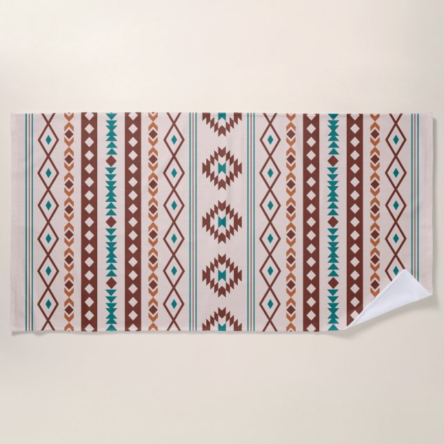 Aztec Rusts Teal Cream Mixed Motifs Pattern Beach Towel (Front)