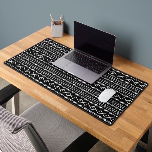 Aztec Shapes Pattern Grey White Black Desk Mat (Office 2)