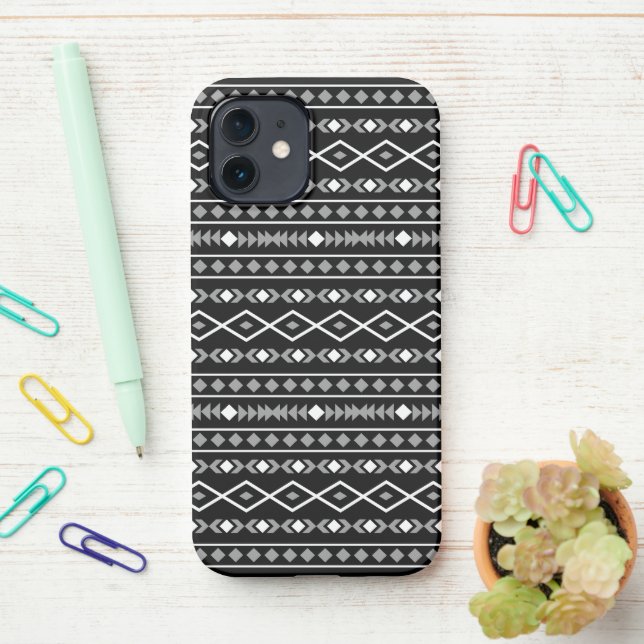Aztec Shapes Pattern Grey White Black iPhone Case (On Desk)