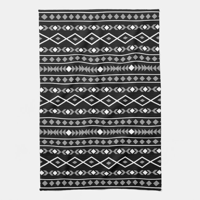 Aztec Shapes Pattern Grey White Black Tea Towel (Vertical)