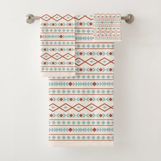 Aztec Shapes Pattern Rust Teal Cream Bath Towel Set (Insitu)