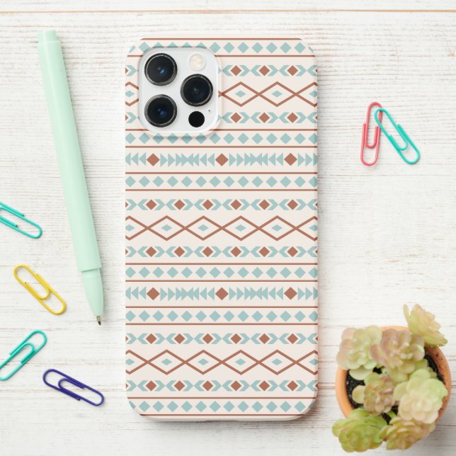 Aztec Shapes Pattern Rust Teal Cream iPhone Case (On Desk)