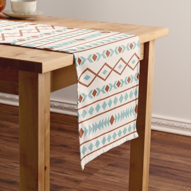 Aztec Shapes Pattern Rust Teal Cream Short Table Runner (In Situ)