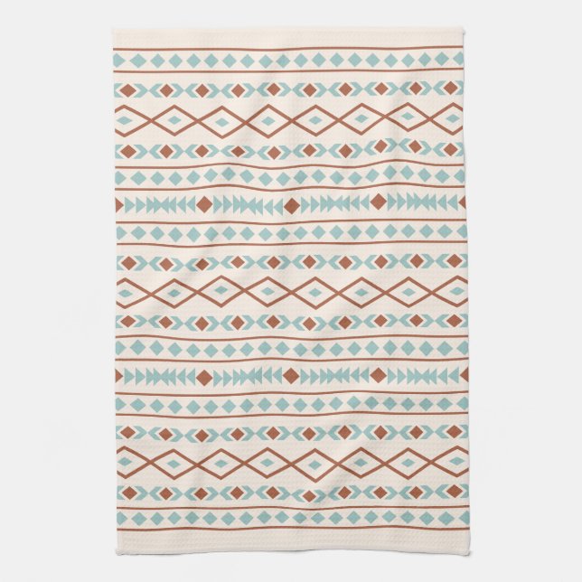 Aztec Shapes Pattern Rust Teal Cream Tea Towel (Vertical)