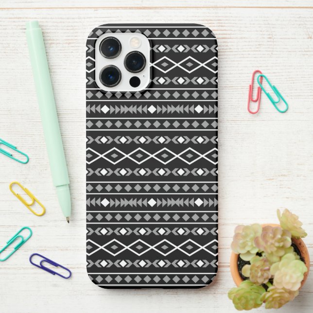 Aztec Shapes Pattern White Grey Black iPhone Case (On Desk)