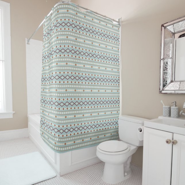 Aztec Shapes Rpt Pattern Rusts Cream Teal-Blue Shower Curtain (In Situ)
