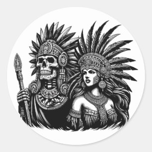 Aztec Skeleton Warrior with Princess woman art Classic Round Sticker