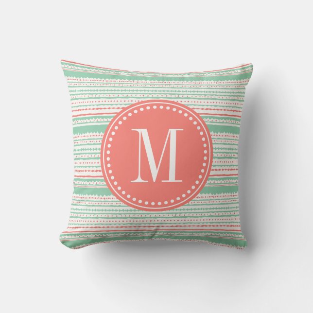 Aztec Stripes Coral & Mint Personalised Cushion (Front)