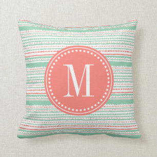 Aztec Stripes Coral & Mint Personalised Cushion