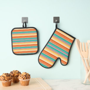 Aztec stripes kitchen towel oven mitt & pot holder set