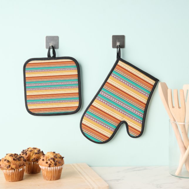 Aztec stripes kitchen towel oven mitt & pot holder set (Insitu(Hanging))