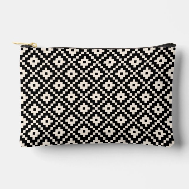 Aztec Style Block Print Black+Cream Pattern Accessory Pouch (Front)