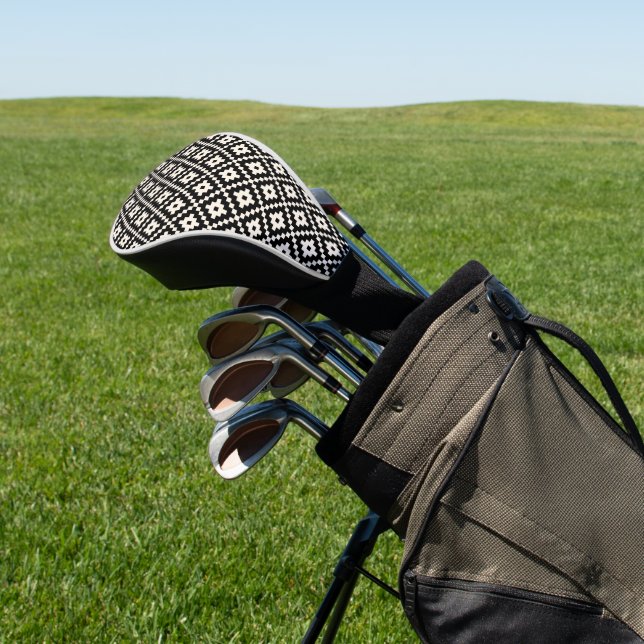 Aztec Style Block Print Black+Cream Pattern Golf Head Cover (In Situ)