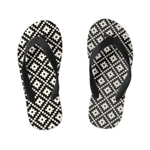 Aztec Style Block Print Black+Cream Pattern Kid's Jandals