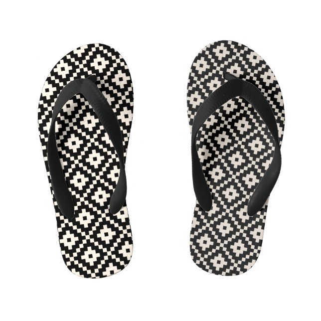 Aztec Style Block Print Black+Cream Pattern Kid's Jandals (Footbed)