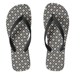 Aztec Style Block Print Black+Cream Rpt Pattern Jandals