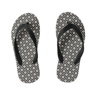 Aztec Style Block Print Black+Cream Rpt Pattern Kid's Jandals