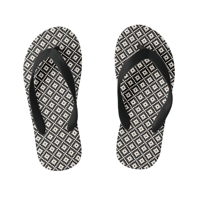 Aztec Style Block Print Black+Cream Rpt Pattern Kid's Jandals (Footbed)