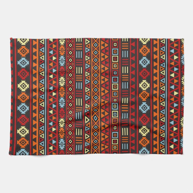 Aztec Style Repeat Ptn - Orange Yellow Red & Black Tea Towel (Horizontal)