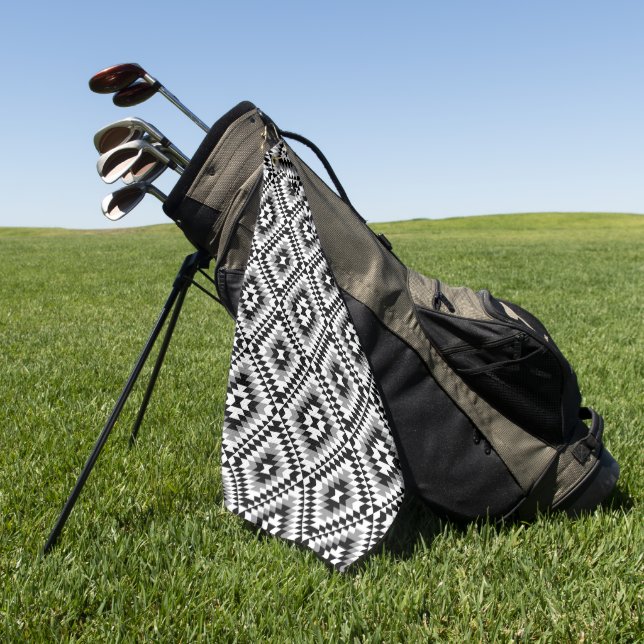 Aztec Stylised BW+Grey Symbol Pattern Golf Towel (Green)