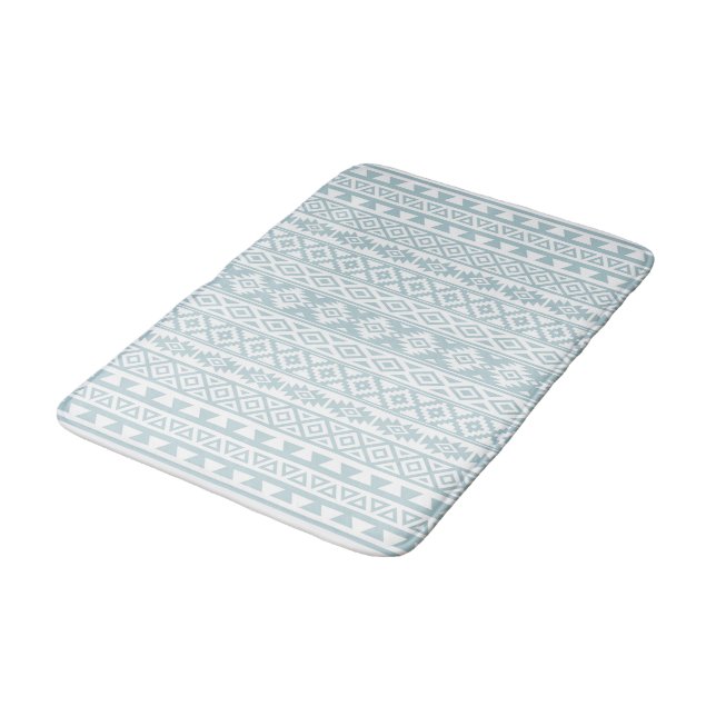 Aztec Stylised Pattern Duck Egg Blue & White Bath Mat (Angled)
