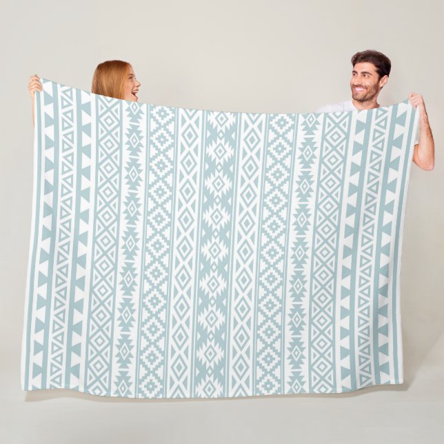 Aztec Stylised Pattern Duck Egg Blue & White Fleece Blanket (In Situ)