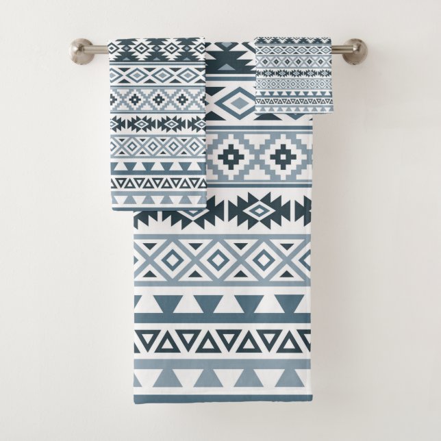 Aztec Stylised Pattern Grey-Blues & White Bath Towel Set (Insitu)