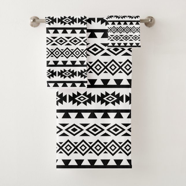 Aztec Stylised Pattern II Black on White Bath Towel Set (Insitu)