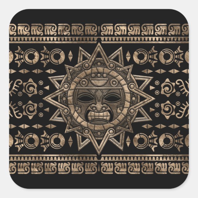 Aztec Sun God Gold and Black Square Sticker (Front)