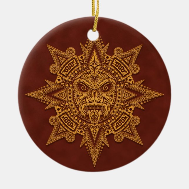 Aztec Sun Mask – Golden Red Ceramic Tree Decoration (Front)