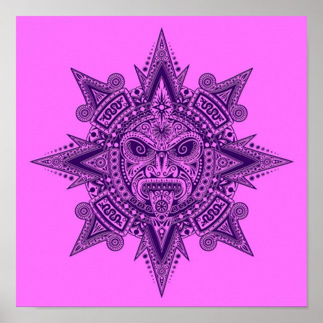 Aztec Sun Mask Purple and Pink Poster (Front)