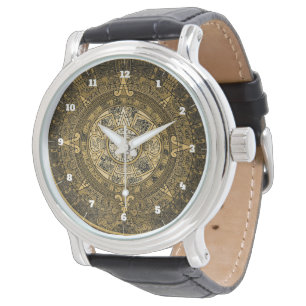 AZTEC SUN STONE CALENDAR GOLD SYMBOL WATCH