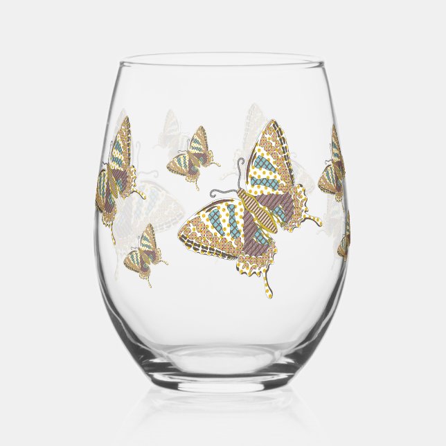 Aztec Swallowtail Stemless Wine Glass (Front)