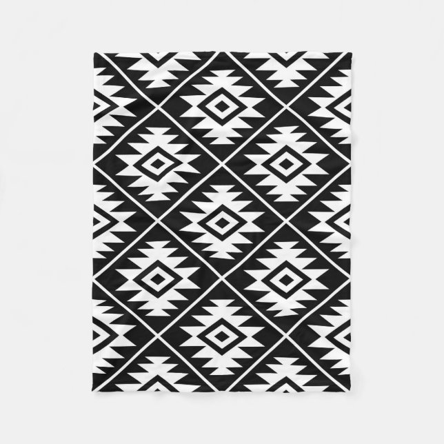Aztec Symbol Stylised Big Ptn White on Black Fleece Blanket (Front)