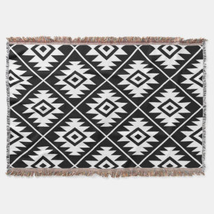 Aztec Symbol Stylised Big Ptn White on Black Throw Blanket