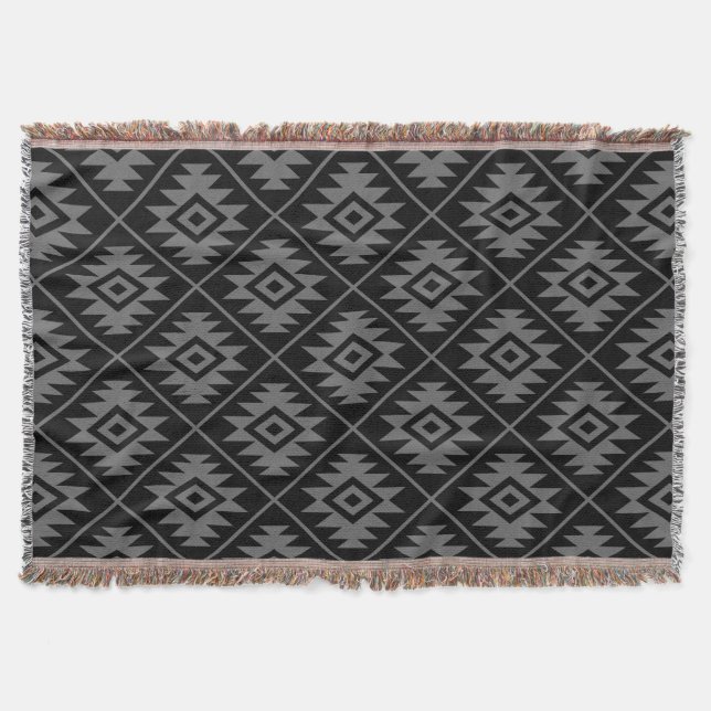 Aztec Symbol Stylised Pattern Grey on Black Throw Blanket (Front)
