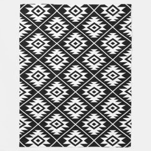 Aztec Symbol Stylised Pattern White on Black Fleece Blanket