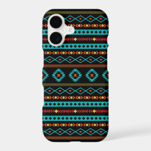 Aztec Teal Reds Yellow Black Mixed Motifs Pattern