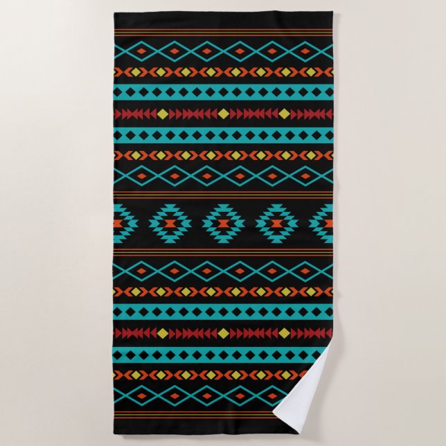 Aztec Teal Reds Yellow Black Mixed Motifs Pattern Beach Towel (Front)