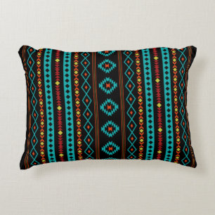 Aztec Teal Reds Yellow Black Mixed Motifs Pattern Decorative Cushion