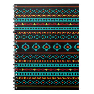 Aztec Teal Reds Yellow Black Mixed Motifs Pattern Notebook
