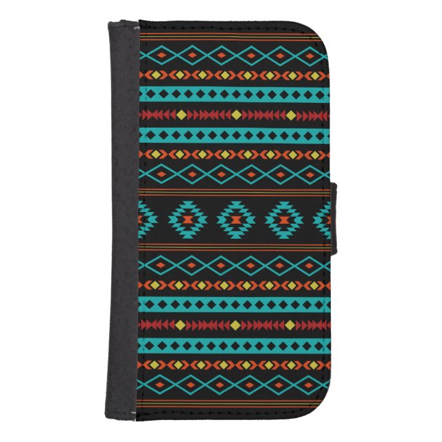 Aztec Teal Reds Yellow Black Mixed Motifs Pattern Samsung Galaxy Wallet Case (Front)