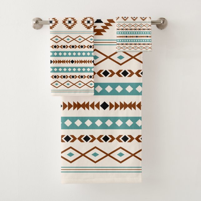 Aztec Teal Terracotta Black Cream Mixed Pattern Bath Towel Set (Insitu)