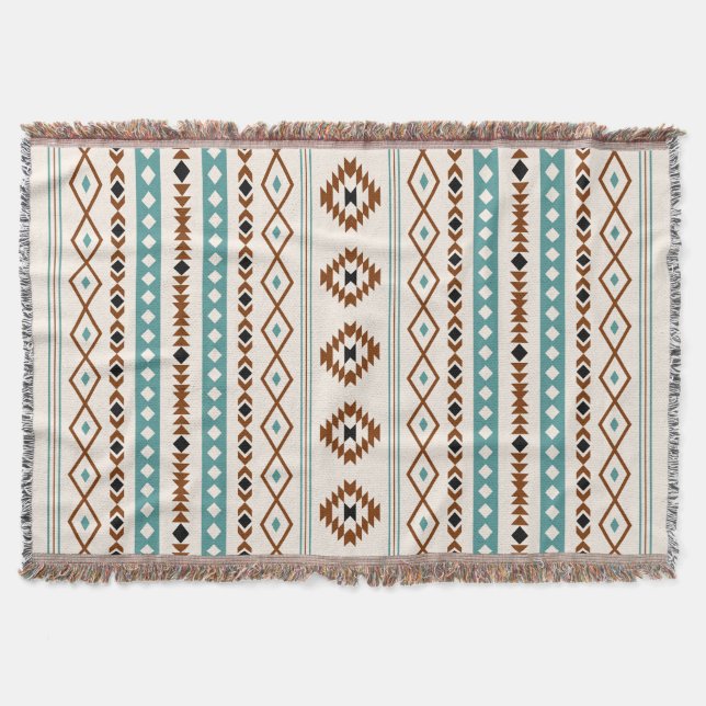Aztec Teal Terracotta Black Cream Mixed (V)Pattern Throw Blanket (Front)