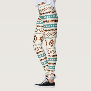 Aztec Teal Terracotta Blk Crm Mixed Motifs Pattern Leggings