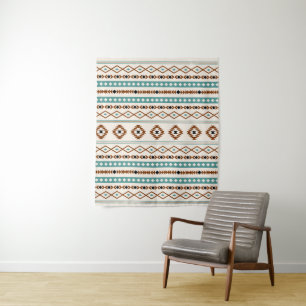 Aztec Teal Terracotta Blk Crm Mixed Motifs Pattern Tapestry