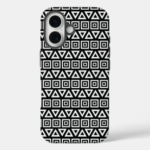 Aztec Triangles+Squares Pattern White on Black iPhone 16 Case